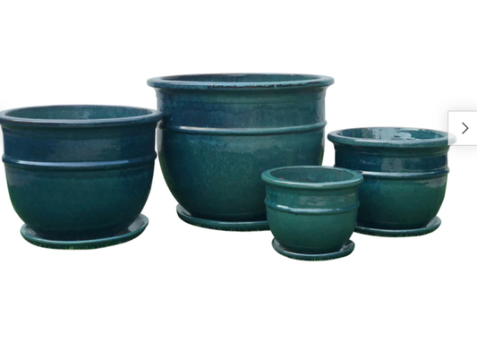 GLAZED BELLY POT/ SAUCER-GREEN